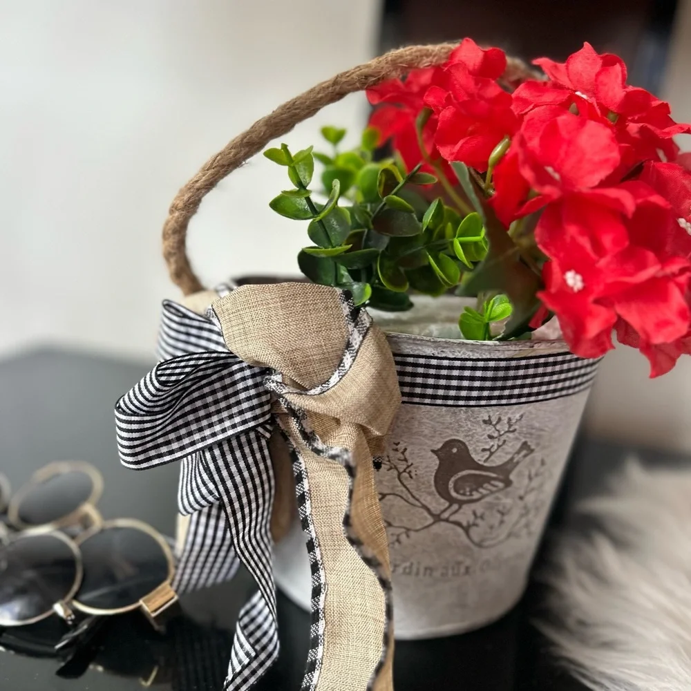 Charming Red Floral arrangement boho bow Bucket by new